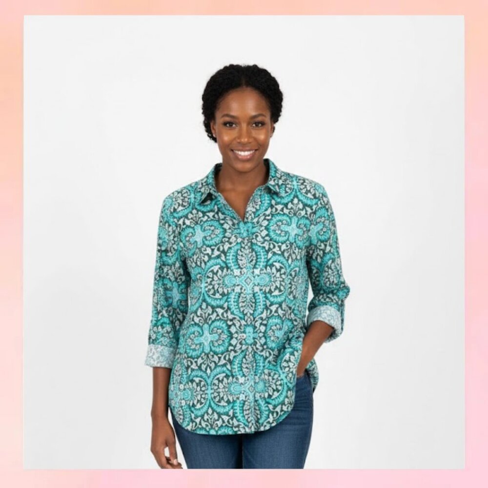Talbots Geometric Ornate Pattern Long Sleeve Shirt Size L